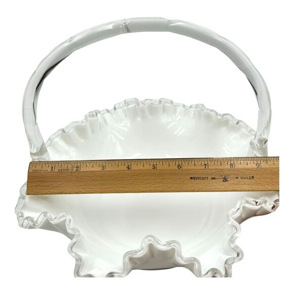 Vintage Fenton Silver Crest Bridal Basket White Ruffled Clear Edges Handle Large - Picture 15 of 16
